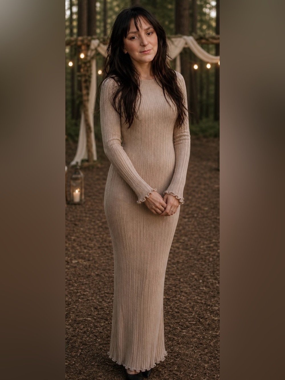 Commense Tan Ribbed Long-Sleeve Midi Dress
